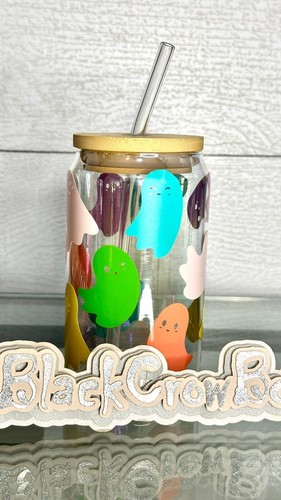 1 Custom 16oz Glass Iced Coffee Cup Colored Vinyl GHOSTS HALLOWEEN Lid Straw - 第 1/8 張圖片