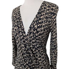 Talbots Patterned Wrap Dress Womens Petite Size 6 Black Beige Stretch Career