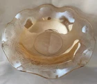 Vintage Jeanette Carnival Glass Bowl,  Iridescent Floragold Louisa Ruffled Rim