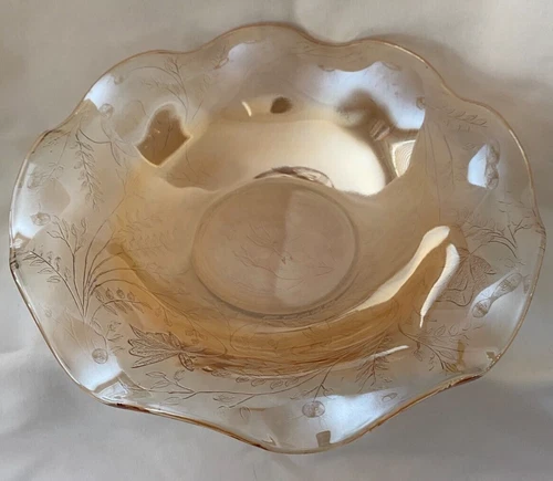 Vintage Jeanette Carnival Glass Bowl,  Iridescent Floragold Louisa Ruffled Rim