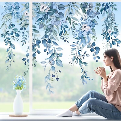 wondever Blue Eucalyptus Leaves Flowes Window Clings Hanging Vine Floral Plan...