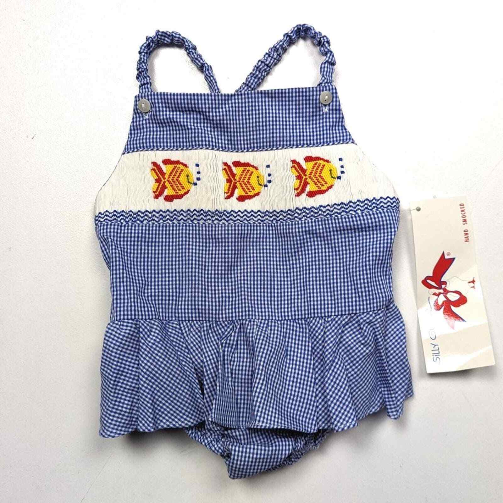 Silly Goose Sunsuit Bubble Romper Girls Size 2 Blue Gingham Smocked Fish