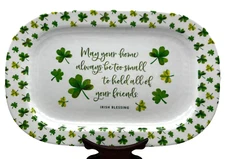 Irish Blessing White Tray Clover Leaves Melamine Serving Platter Celtic 14" x 9"