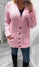 Knit Cardigan chunky Button Long Sleeves Grandad Womens Ladies Plus Sizes