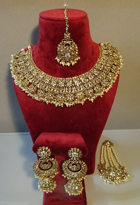 Indischer/Pakistanischer Braut Polki/Halsband Schmuck Gold Set, klare/goldene Steine - 300£