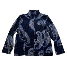 Kim Rogers Blue Paisley Print Velour Velvet Full Zip Jacket Cotton Poly Sz S