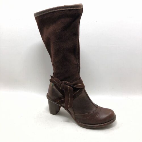 EL NATURALISTA Tall Boots Sz 39 Brown Leather Suede Heel Side Zipper Bow Spain - Picture 2 of 13