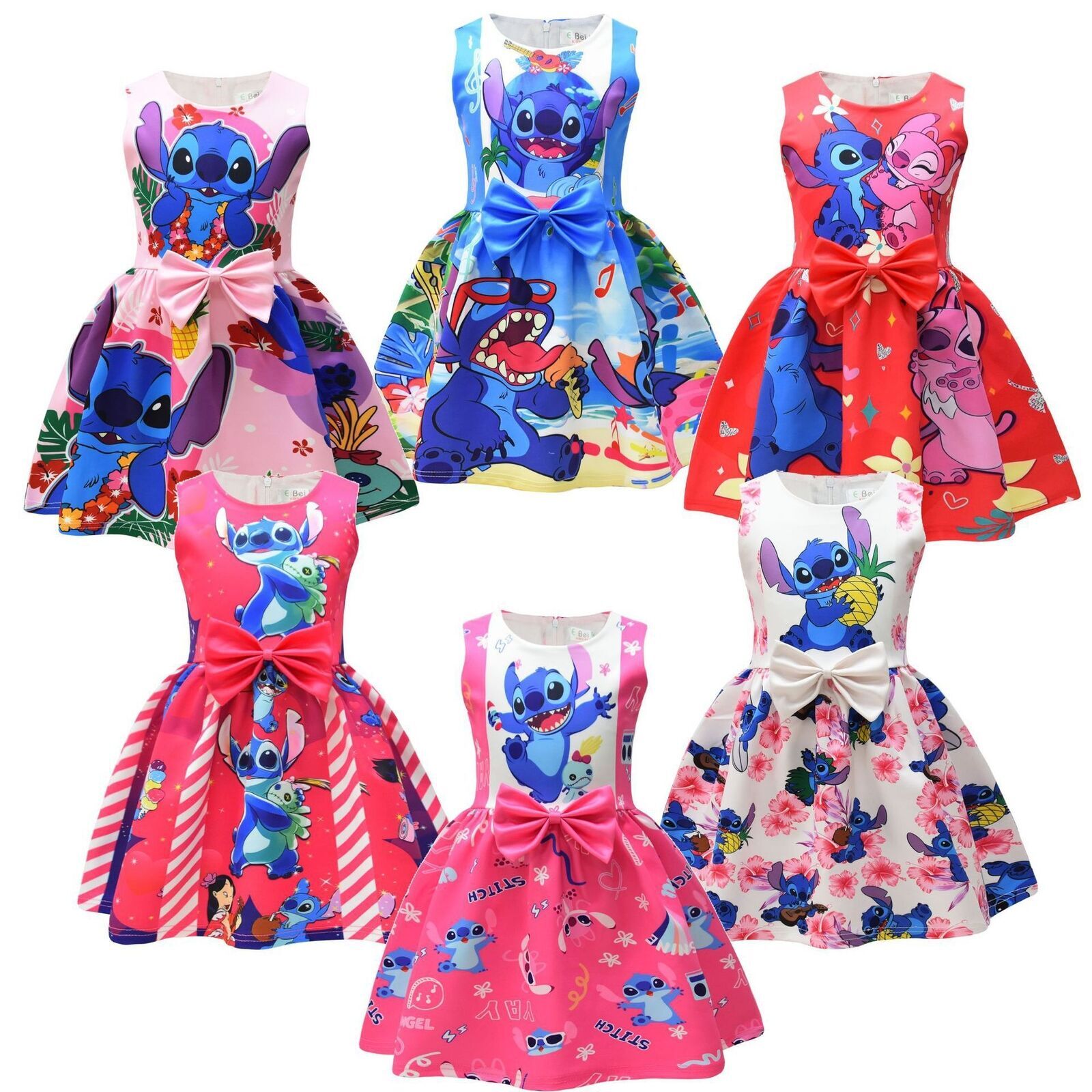 2023 Niñas Lilo Stitch Moño Vestido Falda Princesa Fiesta de Cumpleaños Disfraz Vestido