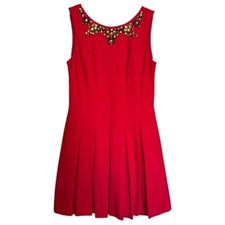 Adrianna Papell Red Dress Size 4 Stretch Pleated Jeweled Beaded Neckline Party