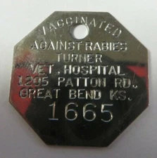 Vtg Dog Tag License Rabies Vaccine GREAT BEND, KANSAS Dr. Turner Vet Hospital