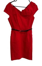 Red Cap Sleeve Knee-Length Dress Slim Fit Black Belt Pockets Size L