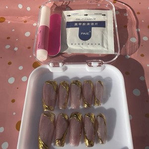 PAIE Long Coffin Press-On Nails Full Cover Set Pink Gold Shimmer Pre-Designed