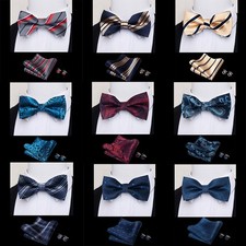 New Bow Tie Hanky Cufflinks Set Wedding Pure Colour Striped Party with Gift Box
