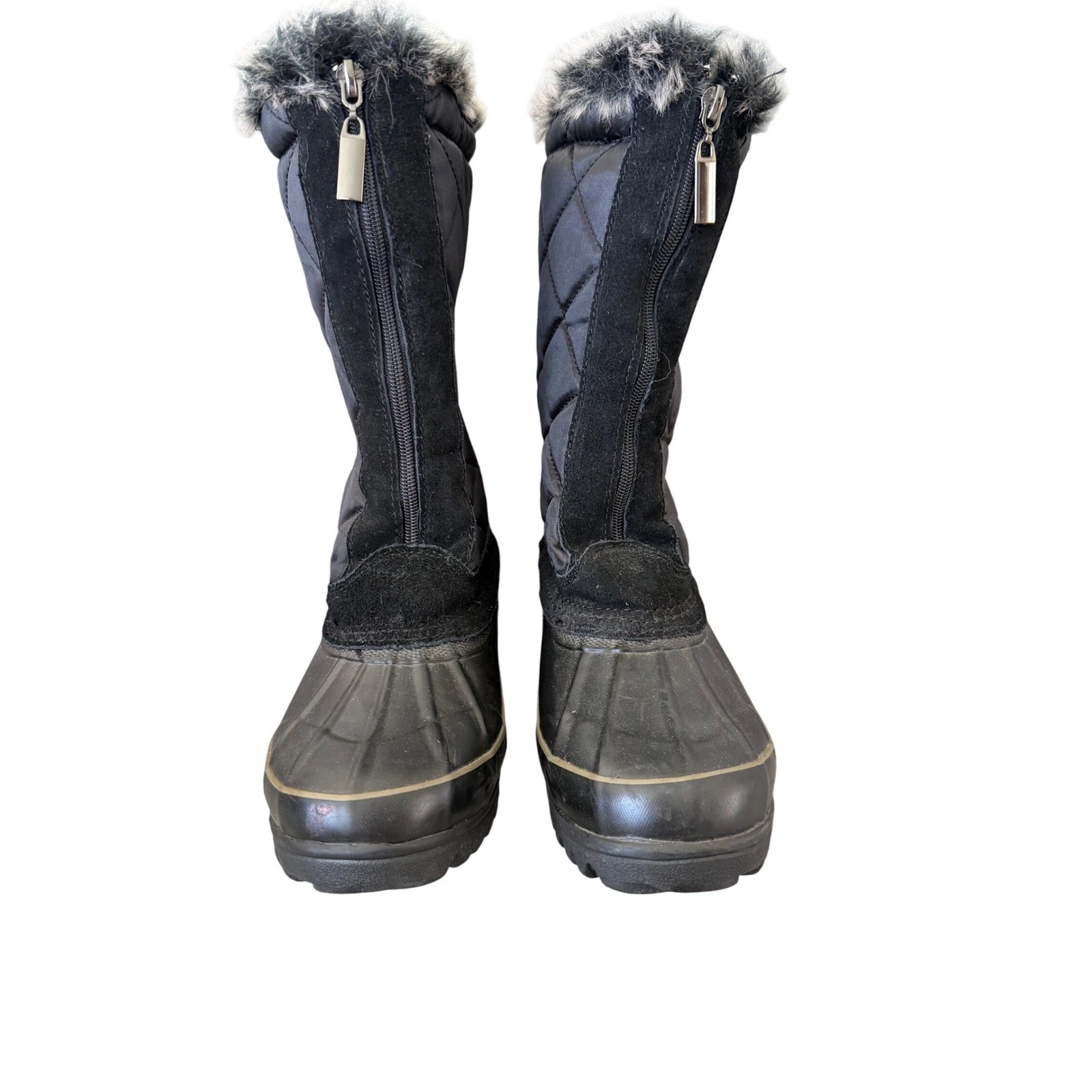 Khombu Womens Black Quilted Faux Fur Trim Winter Snow Boots Size 6M Zip Up