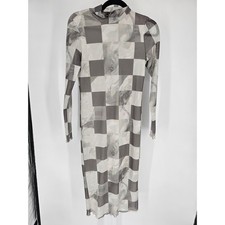 Vtg Y2K Forever 21 Womens Sz M Midi Dress Long Sleeve White Gray Checkered Mesh