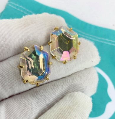 Kendra Scott Morgan Stud Earrings Clear-Iridescent Gold Geometric Hexagon RARE