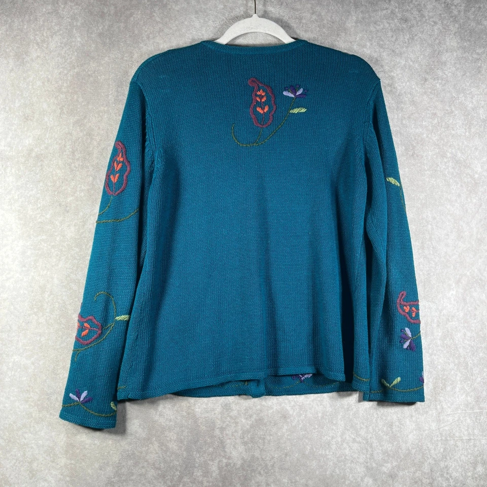 Coldwater Creek Cardigan Sweater Women PM Blue Knit Floral Embroidered Boho Fall - Image 4 of 4