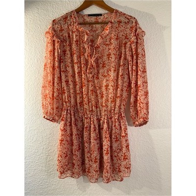 Zara Basic Orange Floral Ruffle Mini Dress M Rust Terracotta Chiffon Keyhole Tie
