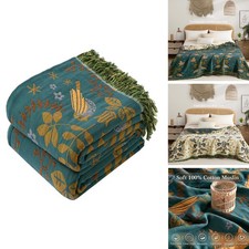 Phuryllic Boho Throw Blanket Twin Size Bird Pattern Cotton Muslin Green Beige