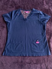 Betsey Johnson blue women's scrub top with a pink patterned lining size L