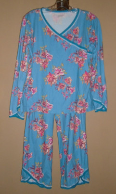 Garnet Hill Womens Green Cotton Blue Floral Asian Wrap Pajama Set Sleepwear Sz S