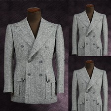 Herringbone Men's Suits Double-Breasted Peak Lapel Wedding Groom Tuxedo 2 Pieces