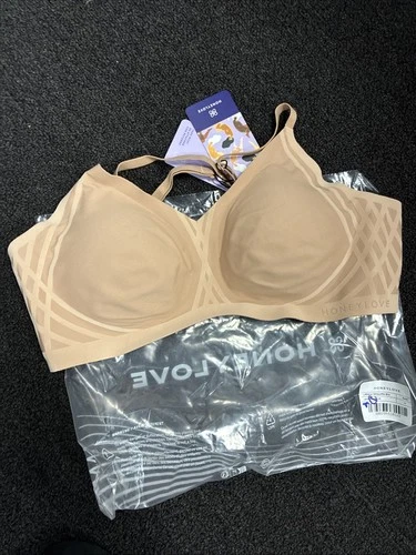 Honey Love Bra Womens SZ Med Sand Wireless Crossover Padded Comfort Women’s New
