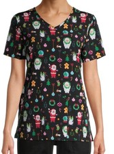 SCRUBSTAR SCRUB TOP W/2 POCKET. BLACK W/MULTICOLORED CHRISTMAS DESIGN. SIZE: 2XL
