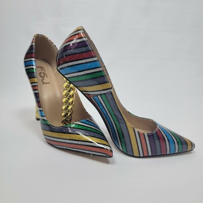 FSJ Multicolor Glitter Gold Metal Chain Chunky High Heel Pointed