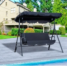 Swing Lawn Porch 3-Person Canopy Chair Glider Gray Cushion Convertible Stand New