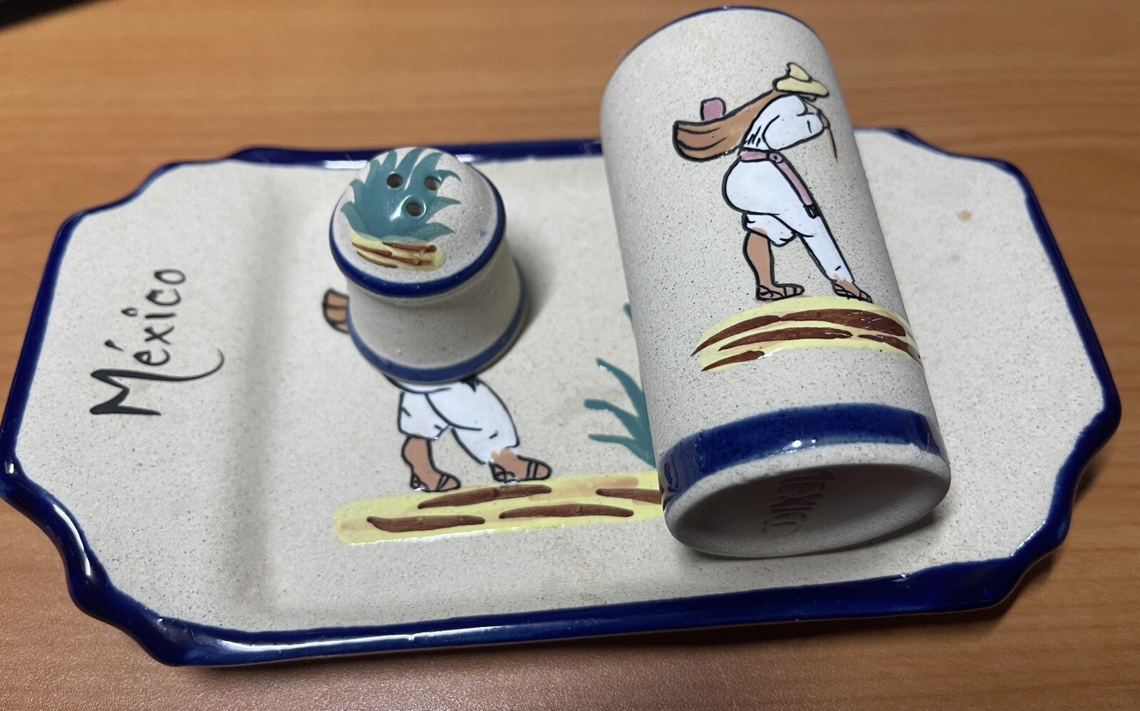 Mexican Hand Painted Pottery Tequila Set Tray Shot Glass and Salt Shaker Rare