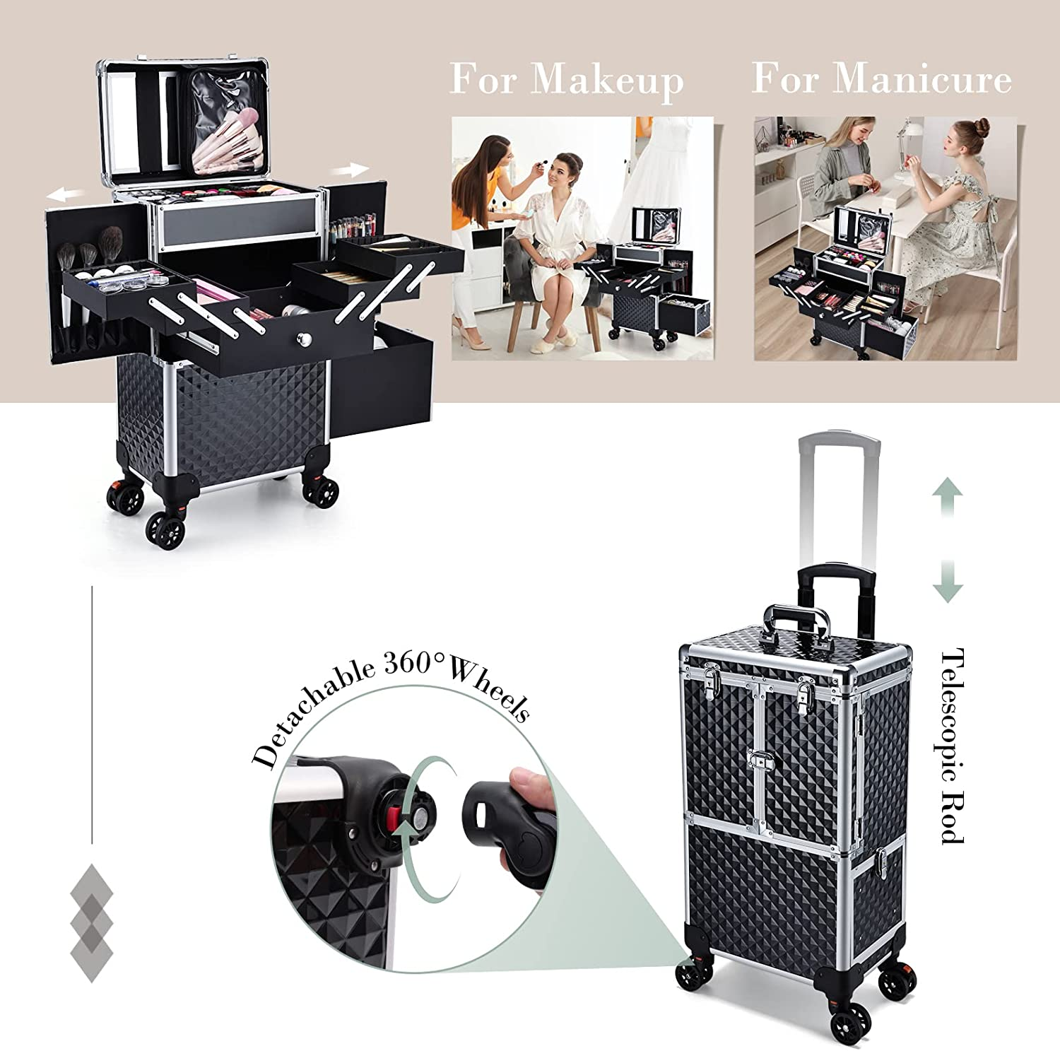 Professional Makeup Artist Rolling Train Case MultiFunctional Cosmetic