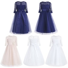 Kinder Mädchen Kleider Festlich 1/2 Arm Blumenspitze Lang Brautjungfern Kleid