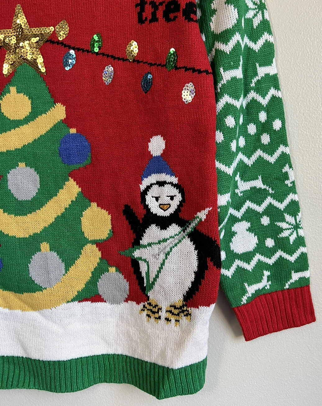 With Love Derek Ugly Christmas Sweater Penguins Christmas Tree Sequin Size M New
