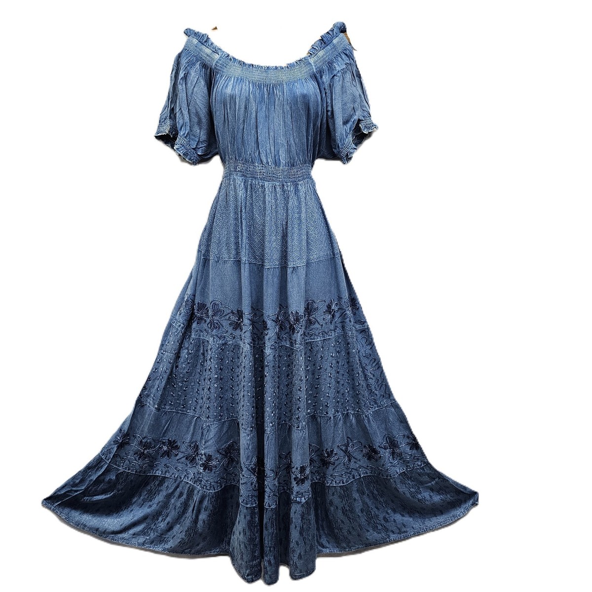 Boho Off-Shoulder Maxi Dress Embroidery Stonewash Elastic Waist 16