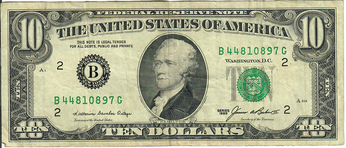 1985 10$ Federal Reserve Note - Green Seal - KDO/JAB B44810897G