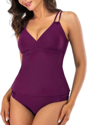 Damen Badeanzug Burgund Zweiteiler Bauchkontrolle Tankini Urlaub B2