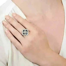 Art Deco Style Lab-Created Diamond & Sapphire Flower Ring 14k White Gold Finish