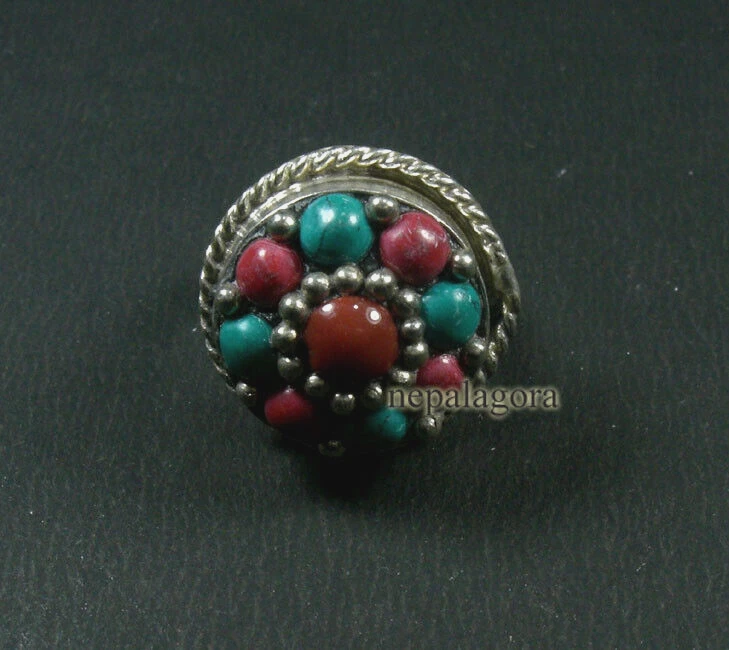 R04 Handmade size 9.25 Turquoise Coral Glass Tibetan Silver Finger Ring Nepal - Image 2 of 4