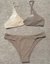 Zaful Bikini Swimsuit Set Top & Bottom O-Ring Ribbed Khaki  Tri- Color 6 NWT