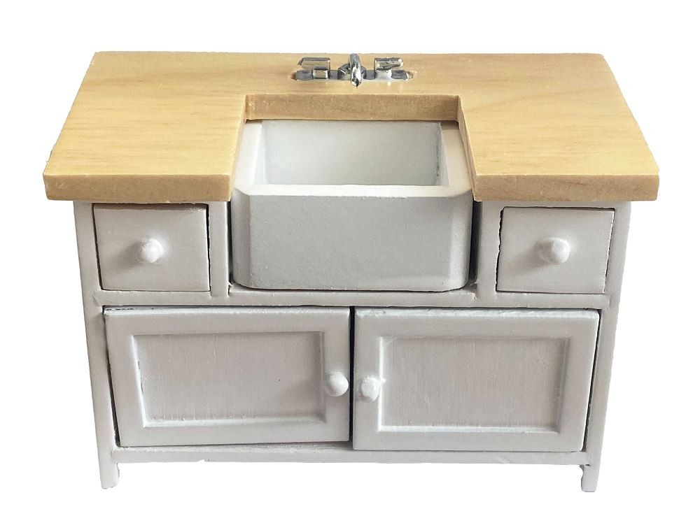 Dolls House White & Oak Modern Belfast Sink Unit Miniature Kitchen Furniture