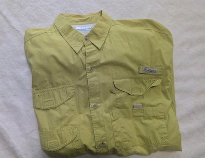 Columbia PFG Shirt Mens XL Yellow Green Button Up Vented Roll Fishing Hiking 