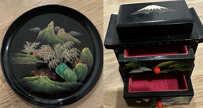 Vintage Japanese Jewelry Box & Flying Horse Lacquer Plate   Hand Painted Art Set