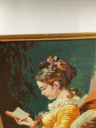 70's Framed Needlepoint Embroidery Young Girl Reading Fragonard 27” X 21” Framed - Picture 12 of 15