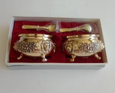 Salt & Cellars w/Spoons Lion's Brass w/Cobalt Blue Glass Inserts - Vintage