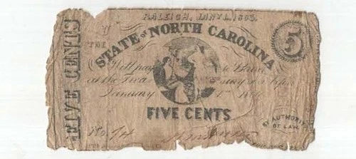 1863 Raleigh State Of North Carolina Issued 5 Cents Scrip issue civil war note
