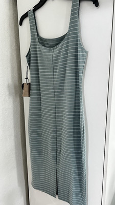 Popular Basics Green/White Striped Scoop Neck Sleeveless Bodycon Midi Dress S
