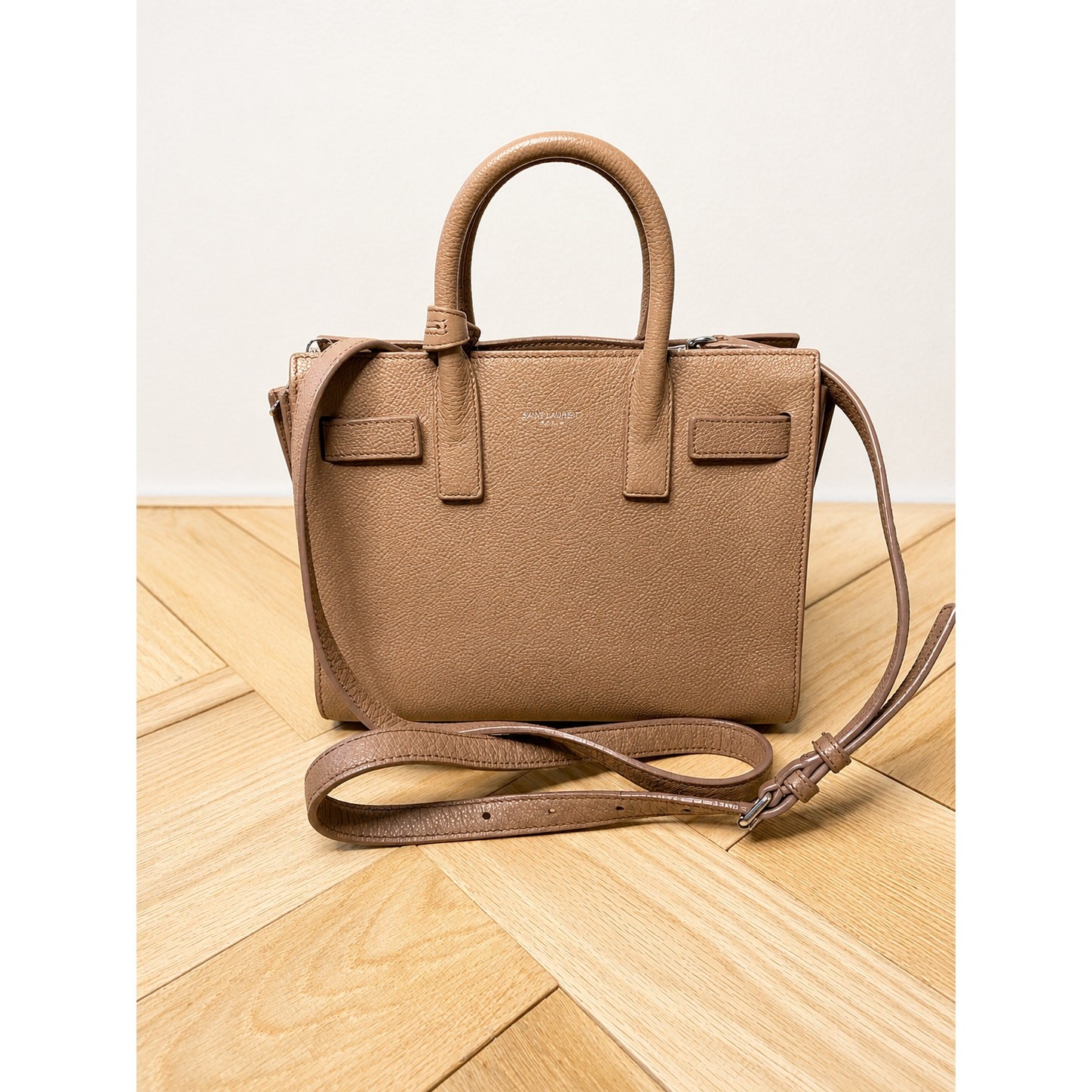 Saint Laurent YSL Sac de Jour Nano Taupe Grained Leather Crossbody Bag