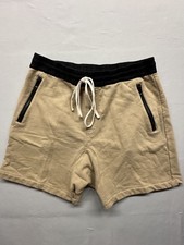 FOG Fear of God Essentials Men's khaki Shorts, Size L, Drawstring, Zip Pockets.