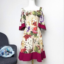 Dolce Gabbana Silk Floral Cold Shoulder Knee Length A Line Dress Size 36 S
